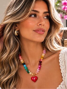 Multicolor Heart Pendant Beaded Necklace